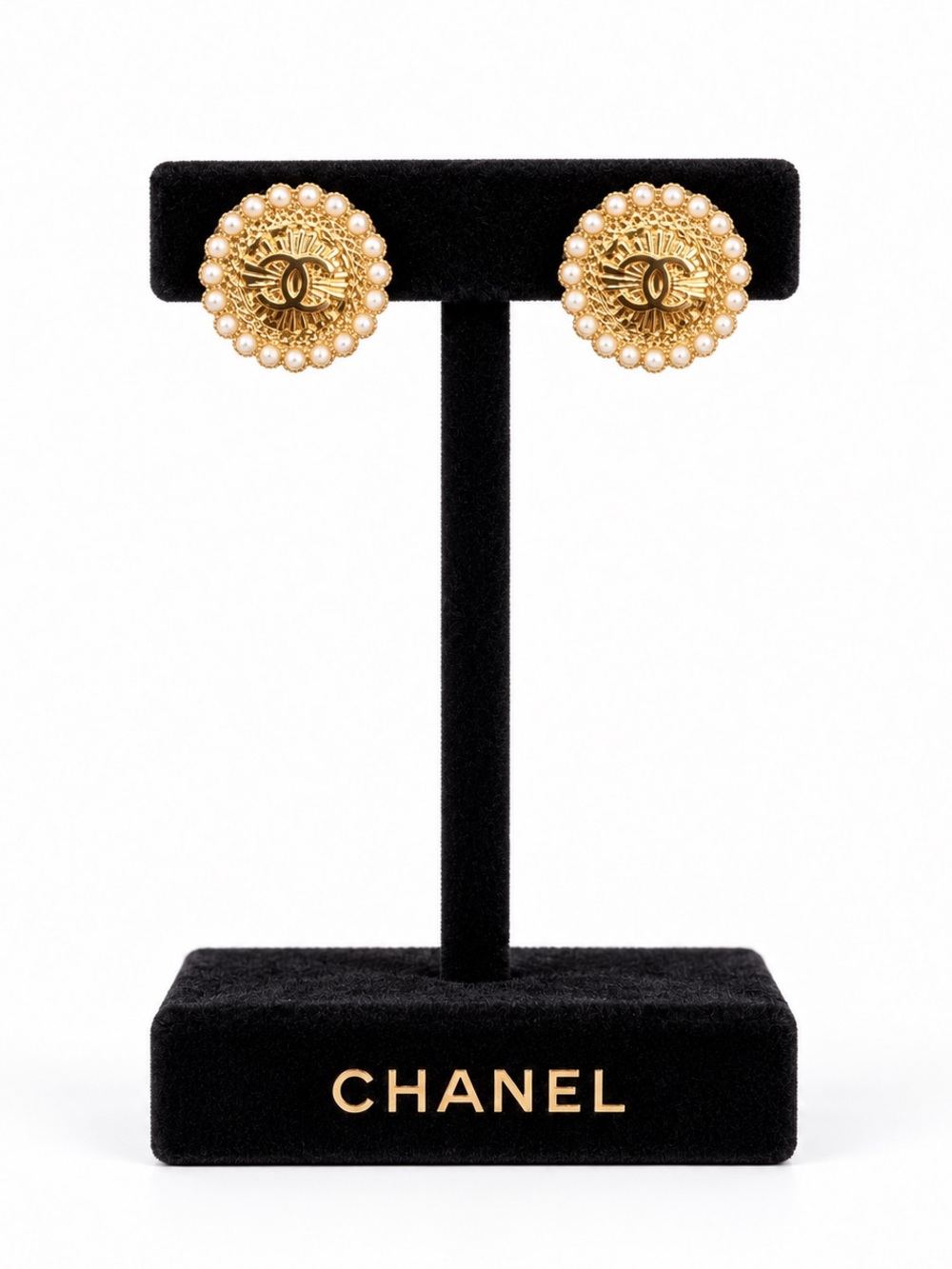 CHANEL Gold Tone Medallion Earrings with Pearled Edge
